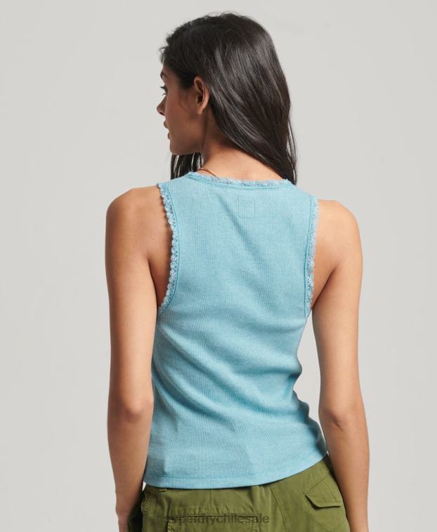 mujer Superdry azul camiseta sin mangas con ribete de encaje 2R68Z2339