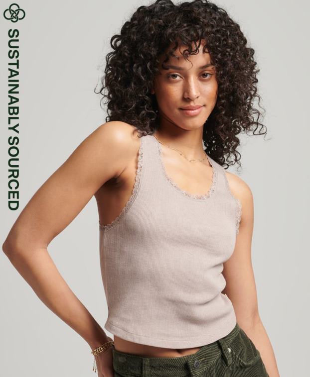 mujer Superdry beige chaleco de algodón orgánico con ribete de encaje vintage 2R68Z2333