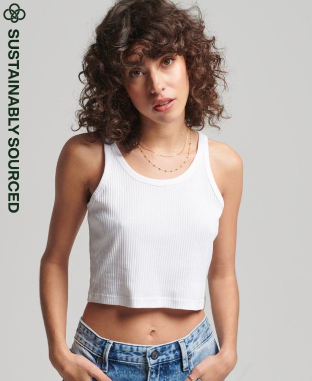 mujer Superdry blanco top corto de canalé vintage de algodón orgánico 2R68Z6699