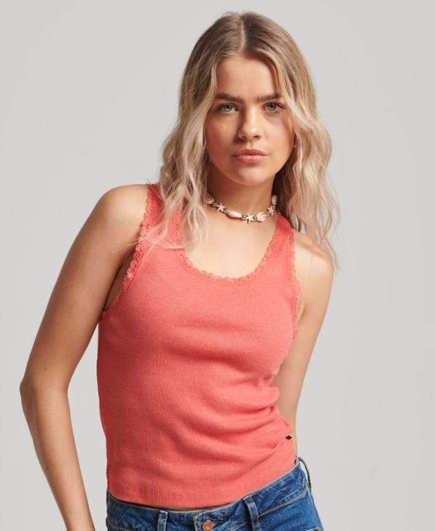 mujer Superdry coral camiseta sin mangas con ribete de encaje 2R68Z2338
