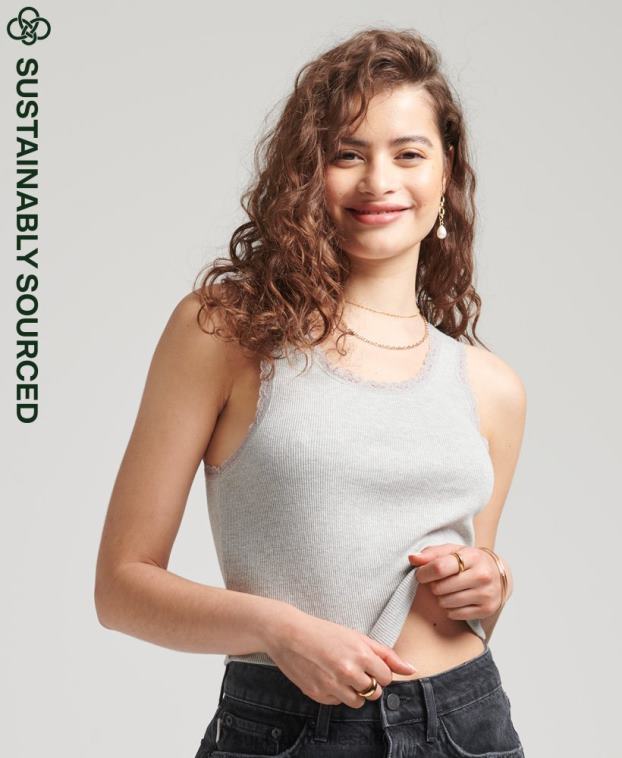 mujer Superdry gris chaleco de algodón orgánico con ribete de encaje vintage 2R68Z2342