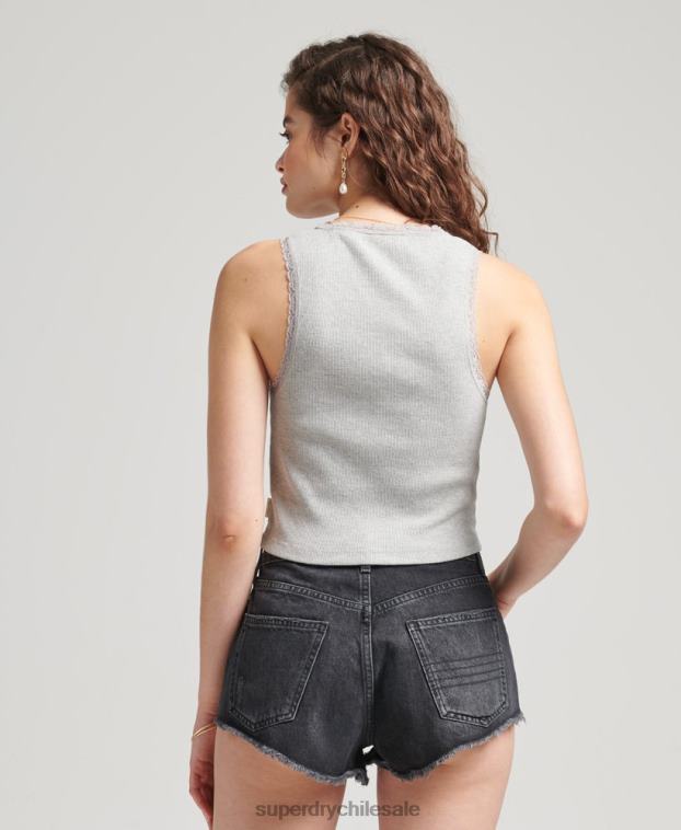 mujer Superdry gris chaleco de algodón orgánico con ribete de encaje vintage 2R68Z2342