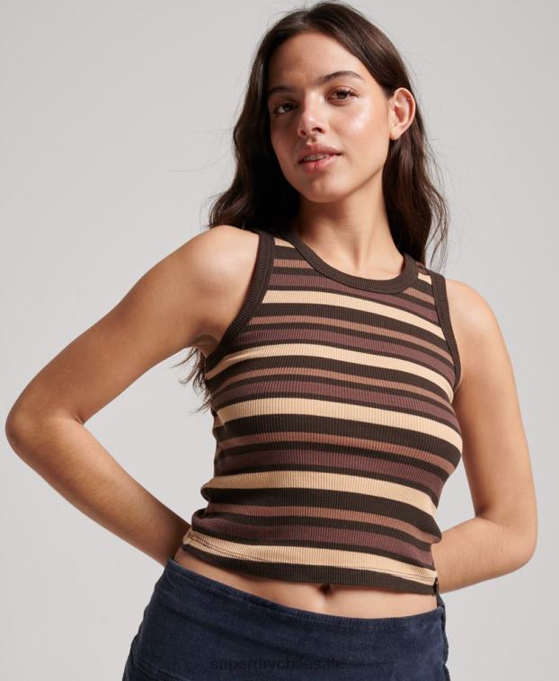 mujer Superdry marrón camiseta sin mangas a rayas con aberturas 2R68Z6715