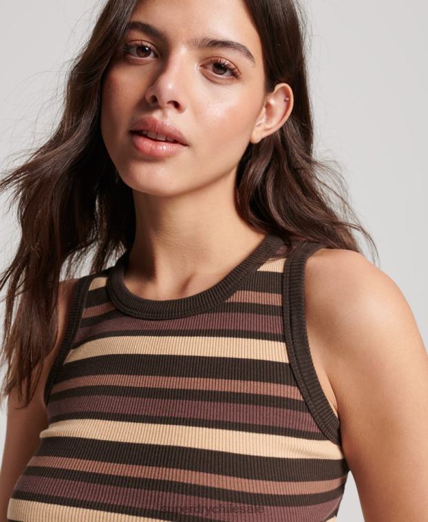 mujer Superdry marrón camiseta sin mangas a rayas con aberturas 2R68Z6715
