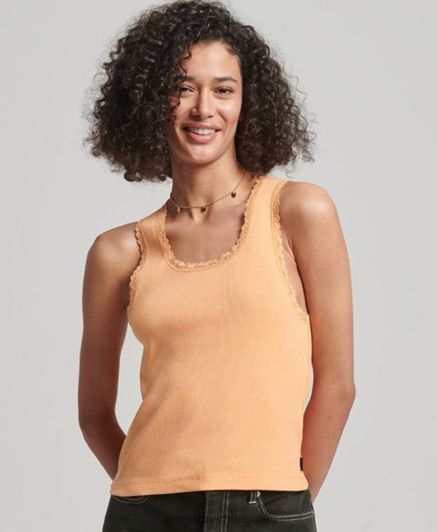 mujer Superdry naranja camiseta sin mangas con ribete de encaje 2R68Z2331
