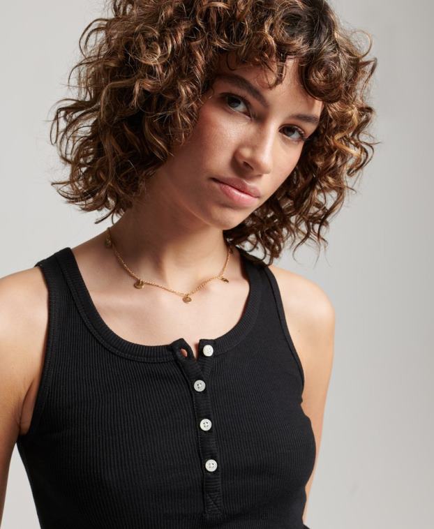 mujer Superdry negro camiseta sin mangas con botones 2R68Z2919
