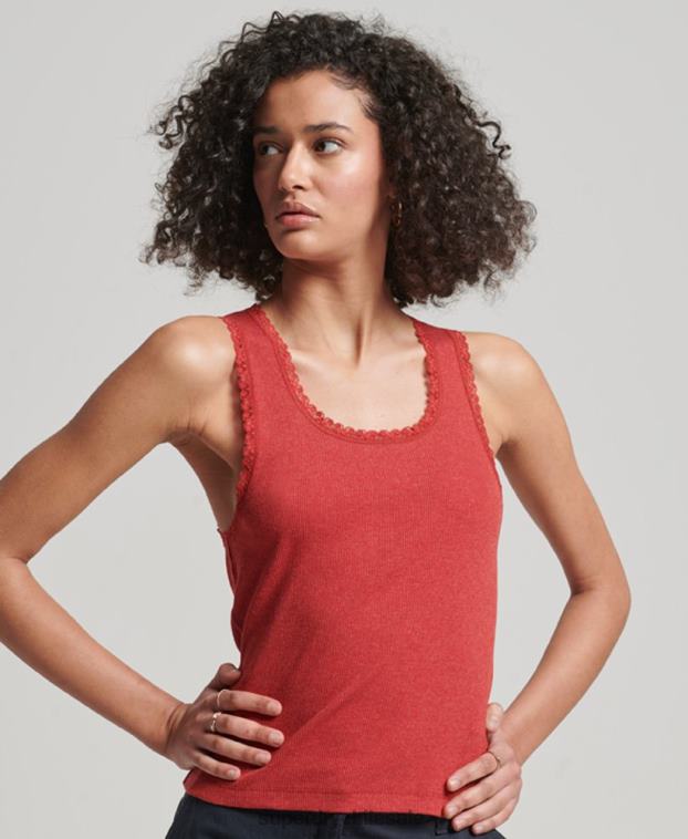 mujer Superdry rojo camiseta sin mangas con ribete de encaje 2R68Z2328