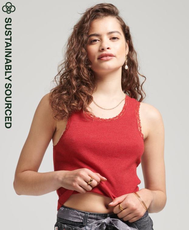 mujer Superdry rojo chaleco de algodón orgánico con ribete de encaje vintage 2R68Z3049