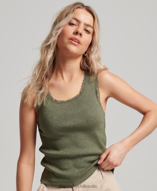 mujer Superdry verde camiseta sin mangas con ribete de encaje 2R68Z1954