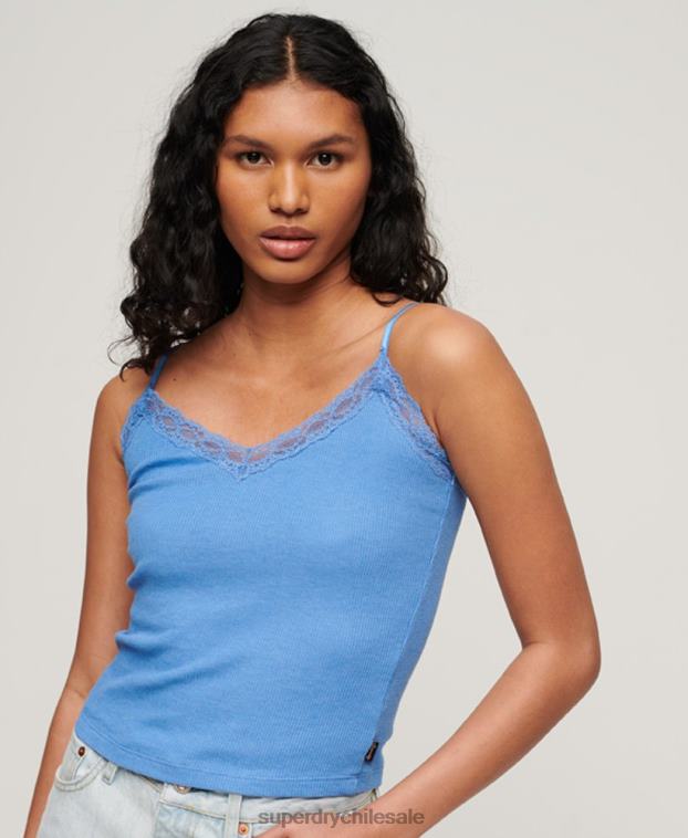 mujer Superdry azul top de tirantes de algodón orgánico con encaje de canalé esencial 2R68Z2352
