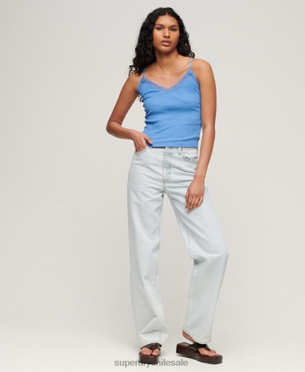 mujer Superdry azul top de tirantes de algodón orgánico con encaje de canalé esencial 2R68Z2352