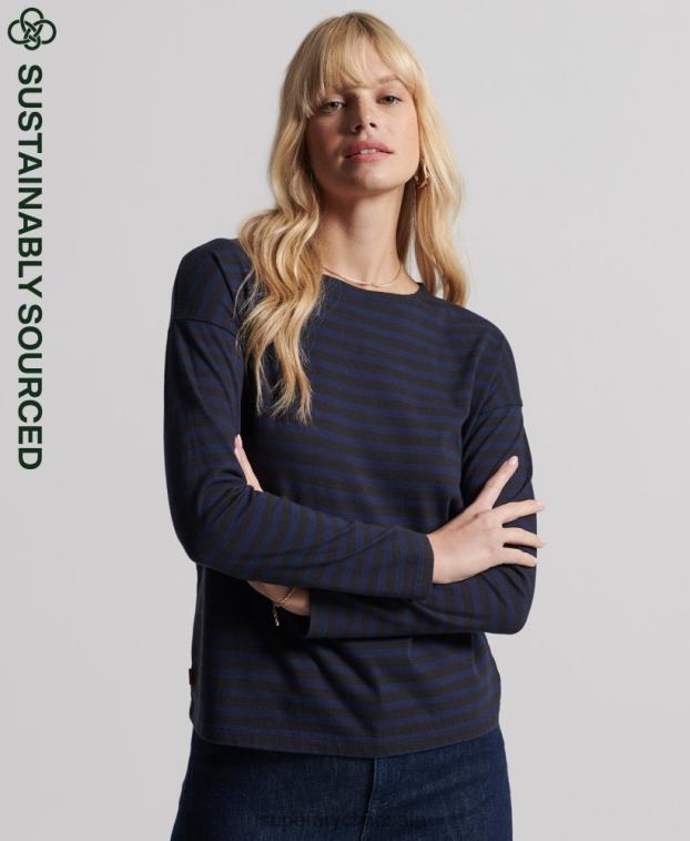 mujer Superdry gris claro top de rayas gruesas de algodón orgánico 2R68Z3054
