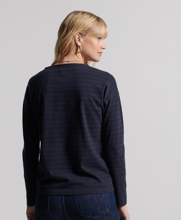 mujer Superdry gris claro top de rayas gruesas de algodón orgánico 2R68Z3054