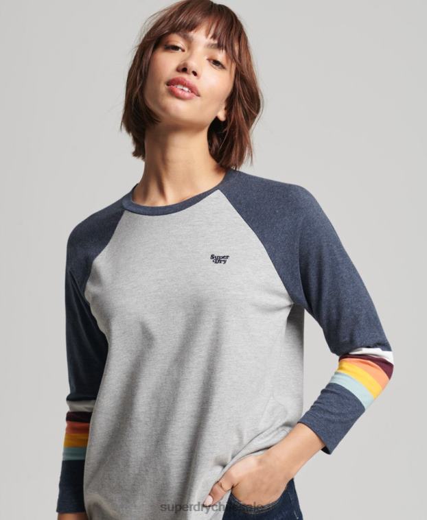 mujer Superdry gris claro top raglán a rayas vintage cali 2R68Z3072