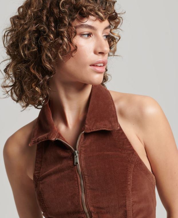 mujer Superdry marrón top de terciopelo con cuello y cremallera 2R68Z2092