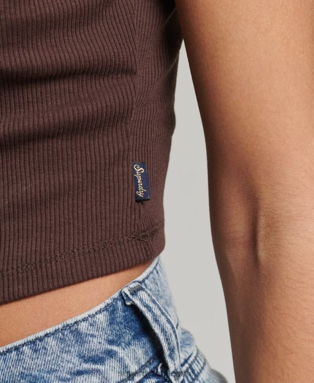 mujer Superdry marrón top de tirantes con ribete de encaje acanalado 2R68Z2326