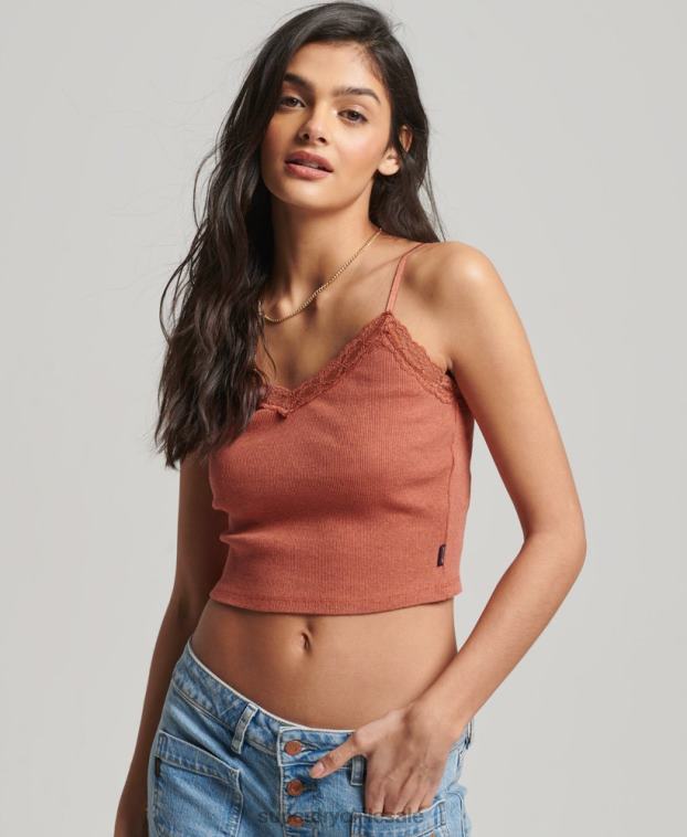 mujer Superdry naranja top de tirantes con ribete de encaje acanalado 2R68Z1968