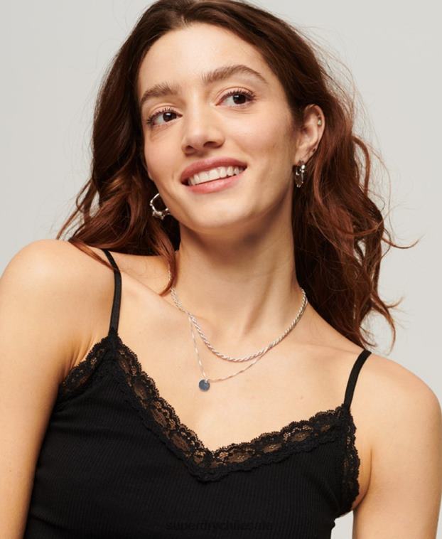 mujer Superdry negro top de tirantes con ribete de encaje acanalado 2R68Z2098
