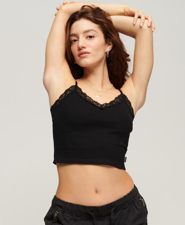 mujer Superdry negro top de tirantes con ribete de encaje acanalado 2R68Z2098