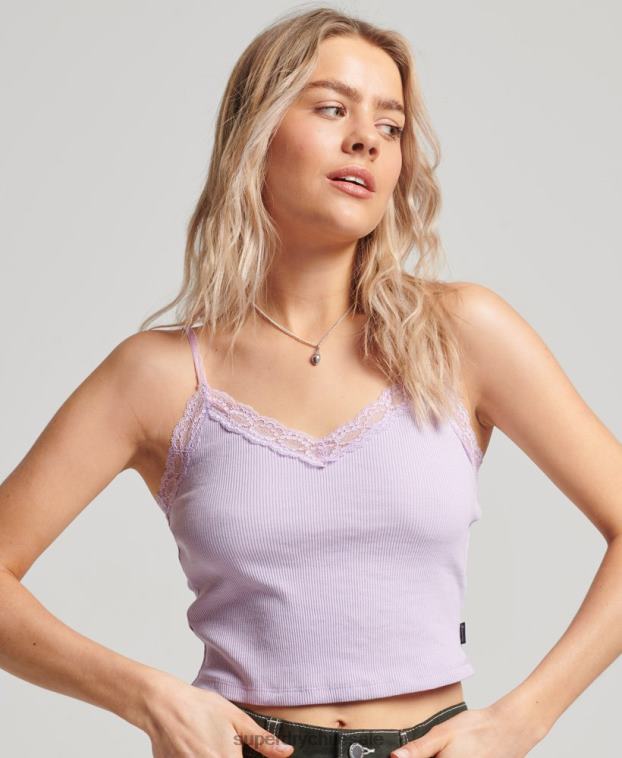 mujer Superdry púrpura top de tirantes con ribete de encaje acanalado 2R68Z2337