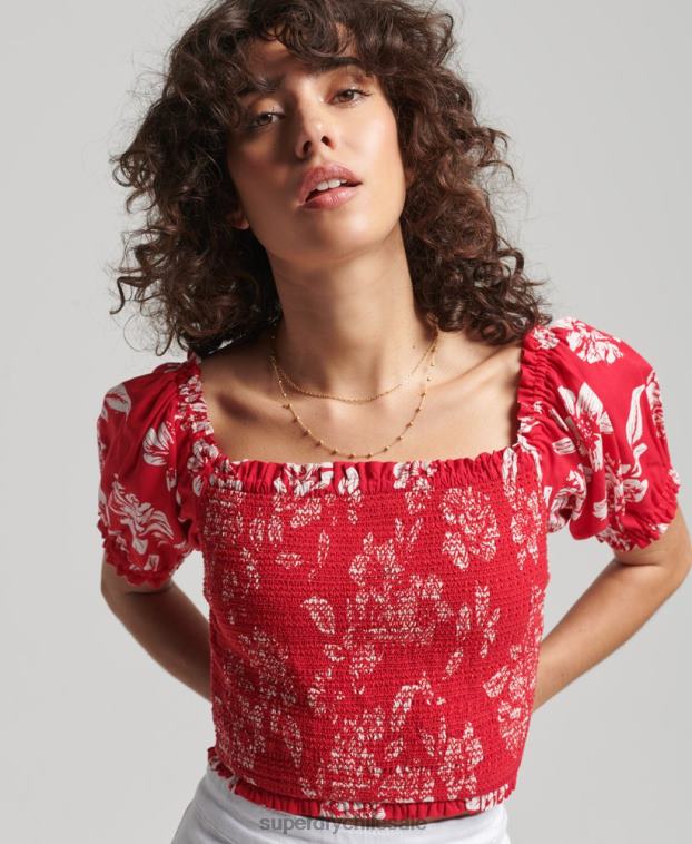 mujer Superdry rojo top corto vintage ecovero fruncido 2R68Z6706