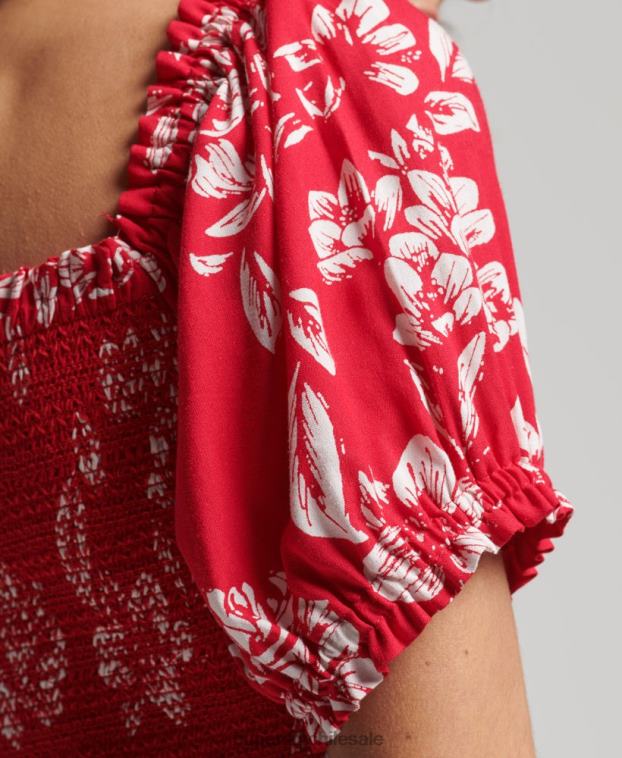mujer Superdry rojo top corto vintage ecovero fruncido 2R68Z6706