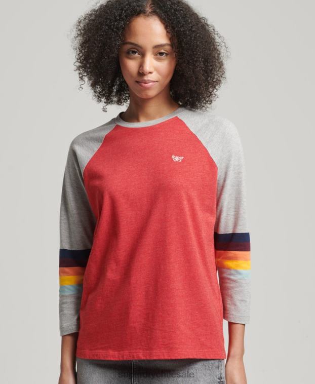 mujer Superdry rojo top raglán a rayas vintage cali 2R68Z3047