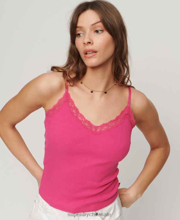 mujer Superdry rosa top de tirantes de algodón orgánico con encaje de canalé esencial 2R68Z1976