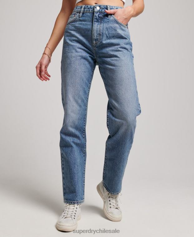 mujer Superdry azul claro vaqueros rectos de tiro alto de algodón orgánico 2R68Z3869