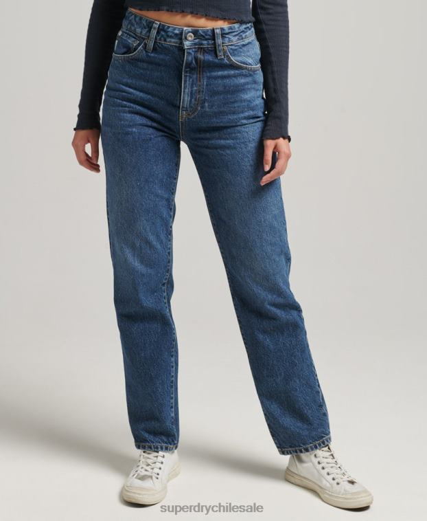 mujer Superdry azul oscuro vaqueros rectos de tiro alto de algodón orgánico 2R68Z3892
