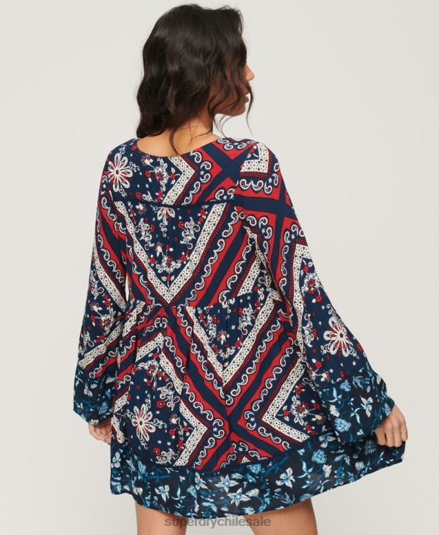 mujer Superdry azul vestido corto estilo años 60 con mangas acampanadas 2R68Z2094