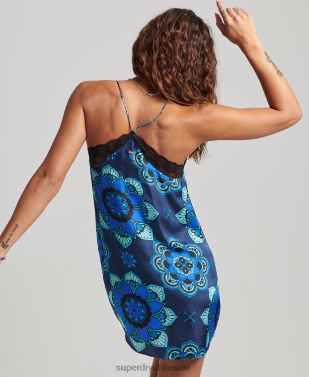 mujer Superdry azul vestido lencero de satén con ribete de encaje 2R68Z2510