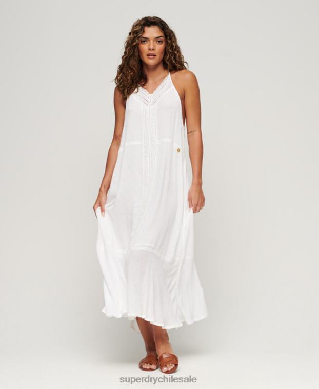 mujer Superdry blanco vestido largo con ribete de encaje 2R68Z2213