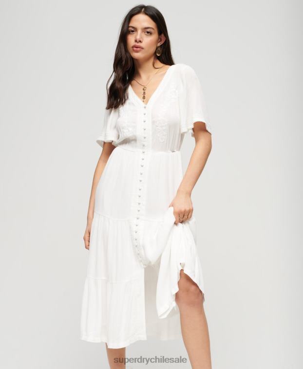 mujer Superdry blanco vestido midi con capas bordadas 2R68Z1985