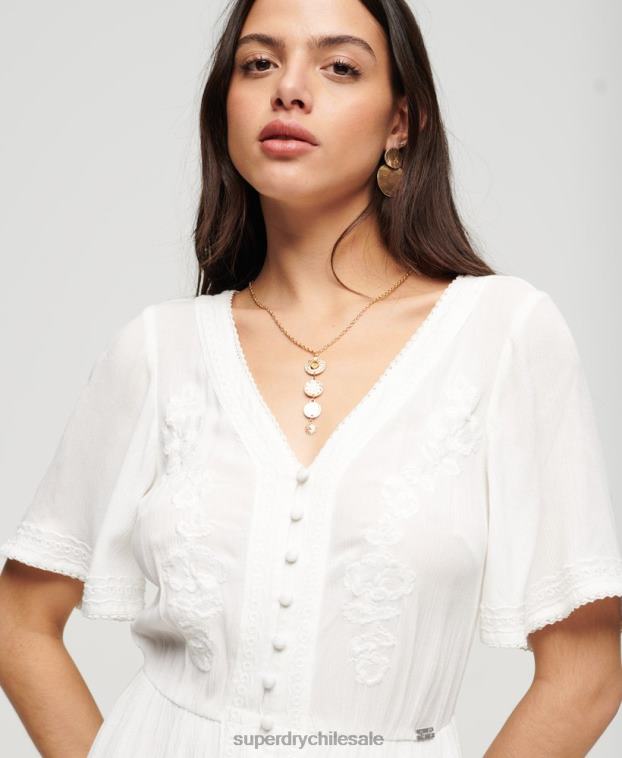 mujer Superdry blanco vestido midi con capas bordadas 2R68Z1985