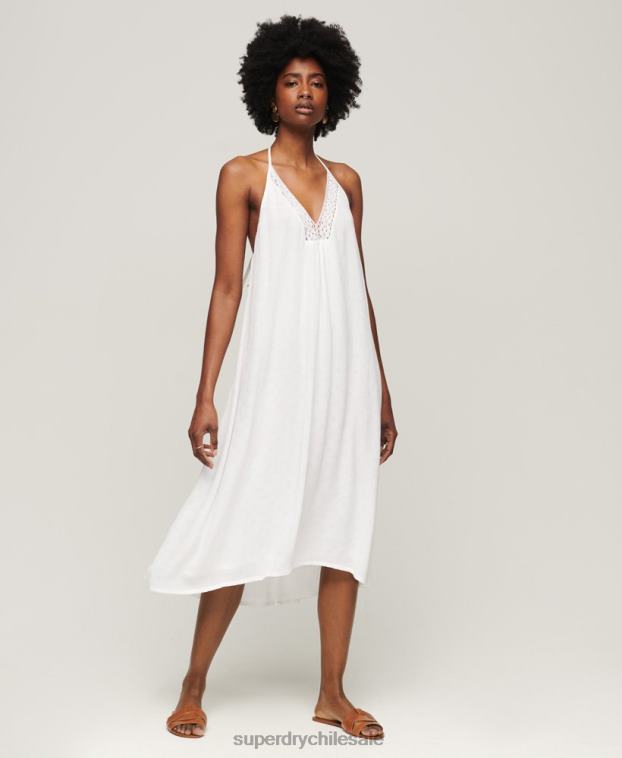 mujer Superdry blanco vestido midi de encaje con cuello halter 2R68Z2073