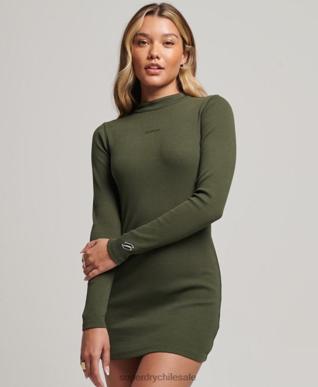 mujer Superdry caqui mini vestido ajustado de canalé de manga larga 2R68Z6666