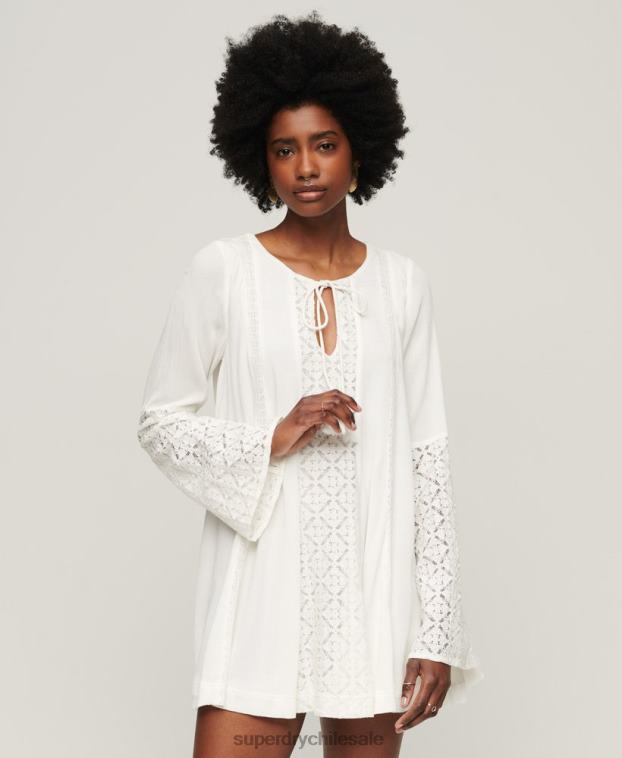 mujer Superdry crema vestido corto con mangas acampanadas y encaje 2R68Z2079