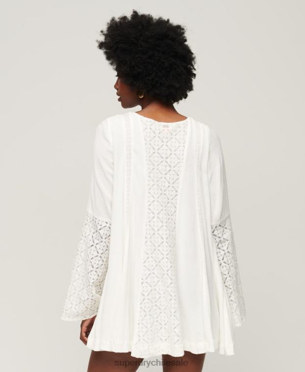 mujer Superdry crema vestido corto con mangas acampanadas y encaje 2R68Z2079