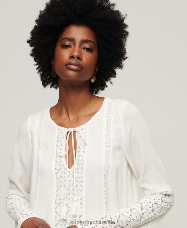 mujer Superdry crema vestido corto con mangas acampanadas y encaje 2R68Z2079
