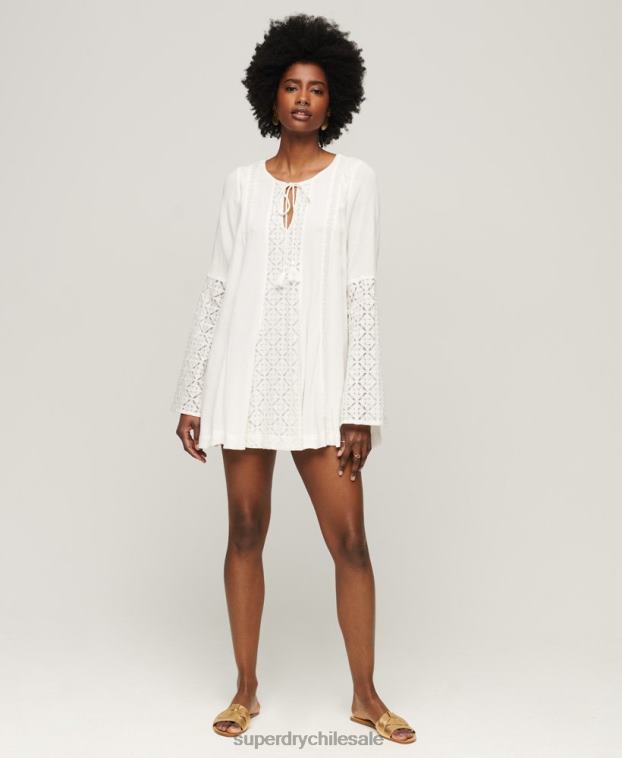 mujer Superdry crema vestido corto con mangas acampanadas y encaje 2R68Z2079