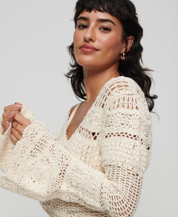 mujer Superdry crema vestido corto de crochet con mangas acampanadas 2R68Z1957