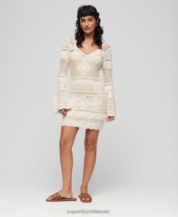 mujer Superdry crema vestido corto de crochet con mangas acampanadas 2R68Z1957