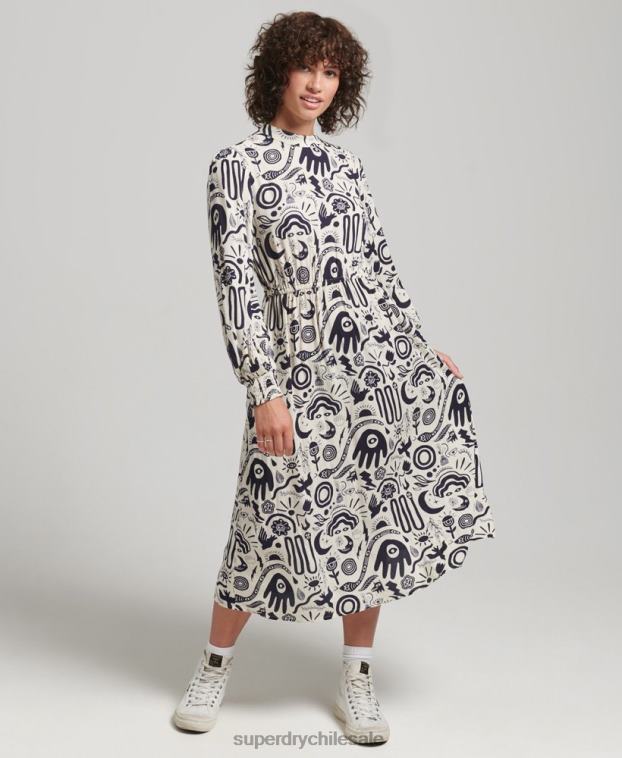mujer Superdry crema vestido midi estampado de manga larga 2R68Z6707