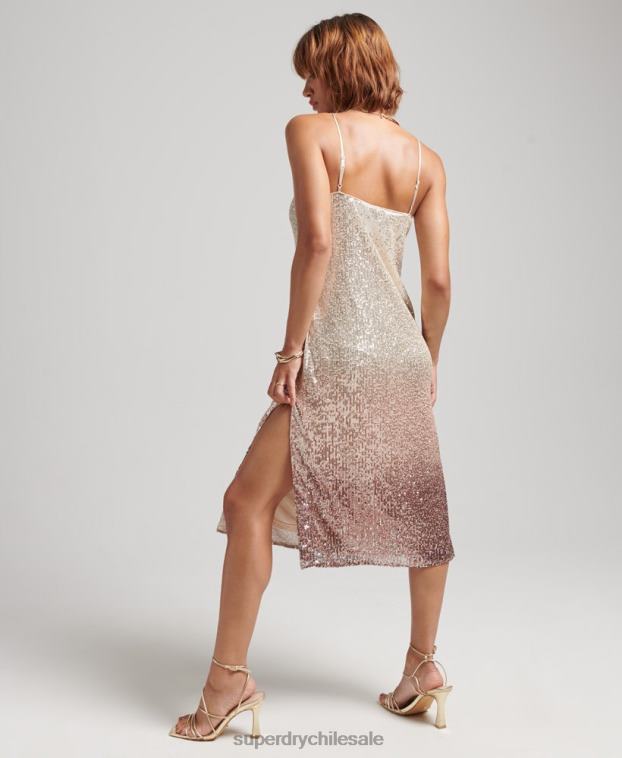 mujer Superdry crema vestido midi lencero con lentejuelas sombreadas 2R68Z2448