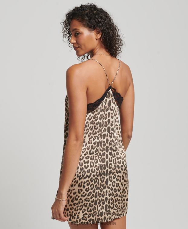 mujer Superdry marrón vestido lencero de satén con ribete de encaje 2R68Z2539
