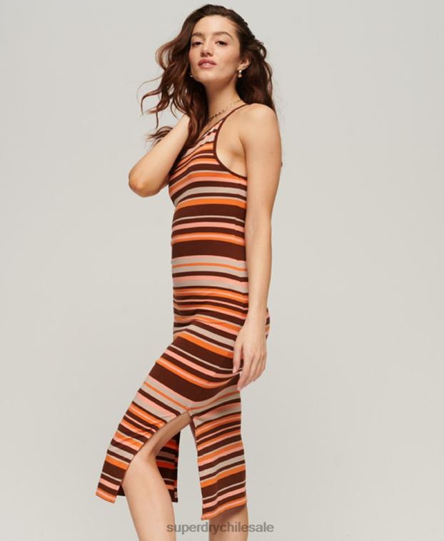 mujer Superdry marrón vestido midi de tirantes con rayas 2R68Z2046