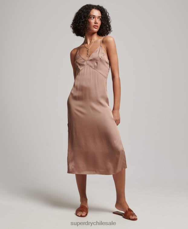 mujer Superdry marrón vestido midi de tirantes de satén 2R68Z2377