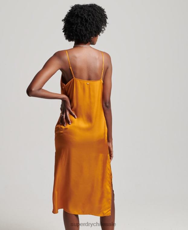 mujer Superdry naranja vestido midi de tirantes de satén 2R68Z2500