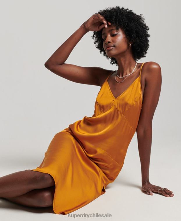 mujer Superdry naranja vestido midi de tirantes de satén 2R68Z2500